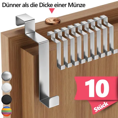 Produktbild von Lindenstein Türhaken Innenseite, 10er Set - Edelstahl Türhaken zum Einhängen, Kleiderhaken Tür für Jacken und Handtücher, Handtuchhalter Tür Innen