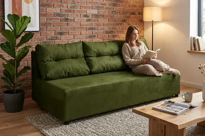 Produktbild von Schlafsofa KIMO Monolit – mit Bettkasten, Velours in Grün (313), Family Meble, KI-generiertes Bild