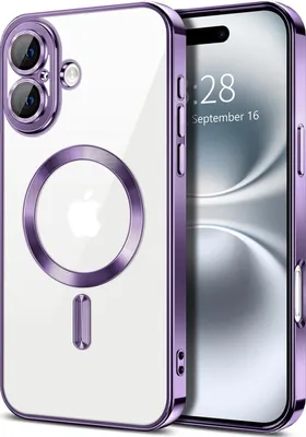 Immagine prodotto di Custodia magnetica trasparente per iPhone 16, compatibile con MagSafe, custodia protettiva galvanica con protezione della fotocamera Viola
