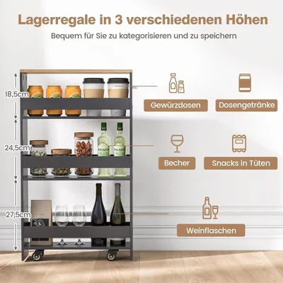 Produktbild von 4 Ebenen Nischenregal auf Rollen aus Holz mit Griff Küchenwagen 47,5 x 20 x 80,5 cm Grau + Natur