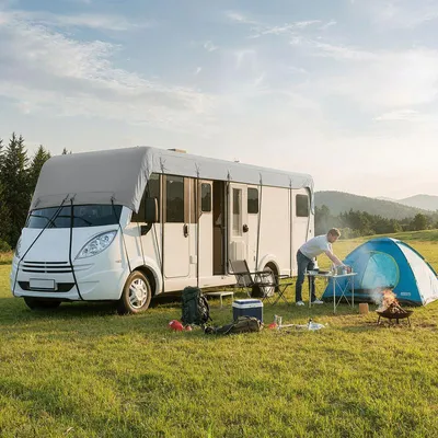 Produktbild von (9,5 m × 3 m) Wohnmobil Dachplane aus 210D Oxford-Gewebe, Wasserdichte Wohnwagen Dachabdeckung mit 3000PA Wassersäule, UV- und Wetterschutz für Camper & Trailer