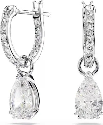 A pair of silver earrings with clear crystals and pear-shaped pendants.