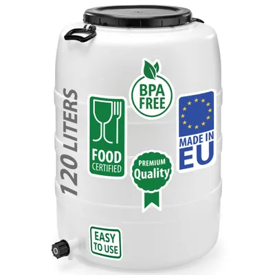 Produktbild von Weithalsfass Fasssilage Gepäcktonne Gärfass Gärbehälter Futtertonne 120 Liter mit Deckel Griffen Hahn Druck weiß