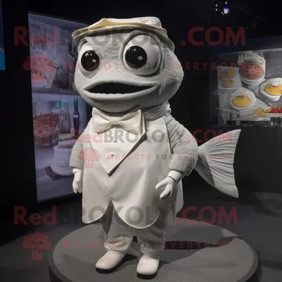 Produktbild von Grauer REDBROKOLY Fisch-Tacos Maskottchen Kostüm charakter gekleidet mit einem Hochzeitskleid und Fliegen