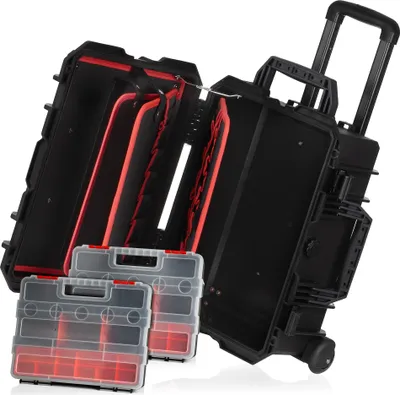 A black rolling tool case is open, revealing red interior organizers. Two smaller clear and red organizer boxes are placed in front of the case.