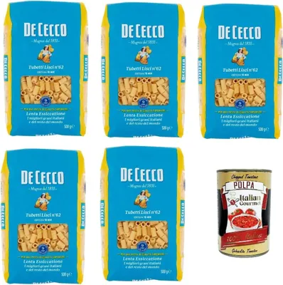 Produktbild von De Cecco Tubetti Lisci N°62, 100% Italienisch Pasta Nudeln 5x 500g + Italian Gourmet Polpa 400g