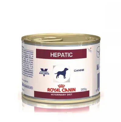 A single can of Royal Canin Veterinary Diet dog food, labeled 'Hepatic Canine'.