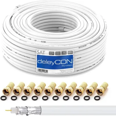 Produktbild von deleyCON HQ 50m Sat Koaxial Kabel 130dB - 4-Fach geschirmt für DVB-S - S2 DVB-T und DVB-C - Stahl/Kupfer Innenleiter - 4K 1080p Full HD HDTV - inkl. 10x vergoldete F-Stecker