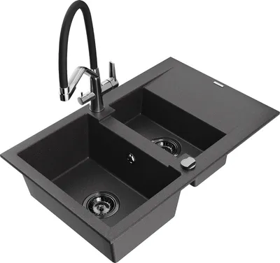 Produktbild von Mexen Gaspar 1,5-Becken-Granitspüle mit Abtropffläche und Mischbatterie Duo, Schwarz gesprenkelt - 6507-76-671701-07-B