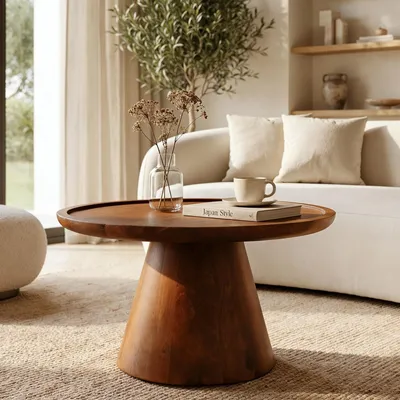 Produktbild von Couchtisch DALOA rund 65 cm aus Mangoholz, Dunkelbraun - Wohnzimmertisch mit erhöhtem Rand, Beistelltisch mit skulpturalem Säulenfuß, Coffee Table mit natürlicher Maserung, ideal für moderne Wohnstile