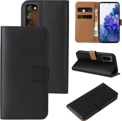 A collage of images showing a black flip phone case for a Samsung Galaxy S20 FE, including its interior card slots and stand function.