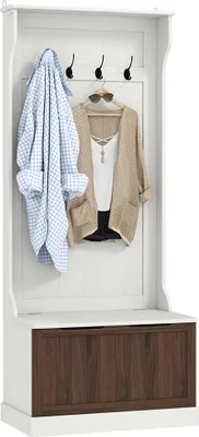 Produktbild von HOMCOM 3 in 1 Flurgarderobe mit Schuhregal, platzsparende Standgarderobe mit 4 Haken und Aufbewahrungsbank, 71,5x39,5x170 cm, Weiß und Braun