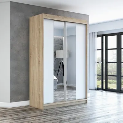 Produktbild von Schwebetürenschrank, 2-türig Schrank mit Spiegel! Moderne Garderobe für Kleidung. Verschiedene Farben (Weiß, Schwarz, Somona) Kleiderschrank NEO 120 cm