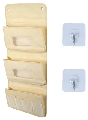 Image de Organiseur suspendu à 3 compartiments, étagère suspendue en tissu, organiseur mural avec 2 crochets adhésifs, rangement pour porte, mur, chambre, bureau, camping (beige)