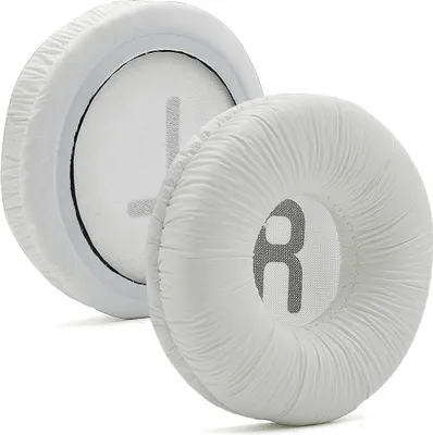 Two white ear pads for headphones are shown, one slightly behind the other. The ear pads have the letters 'L' and 'R' printed on them, indicating they are for the left and right ears respectively.