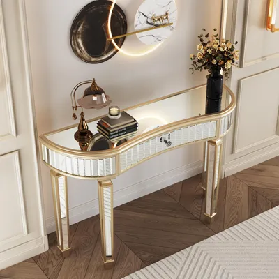 Produktbild von MODFU r Konsolentisch Frisiertisch mit Schublade mit Kristallknauf,Schminktisch mit Hartholzrahmen und vier Beine,für Schlafzimmer/Ankleidezimmer,Gold