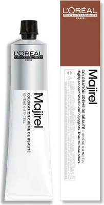 A product shot of L'Oréal Majirel hair dye tube and its packaging.