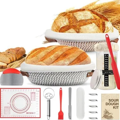 Produktbild von Famanu Sauerteig Starterset - Komplettes Set mit 10" runder und 11" ovaler Gärkorb