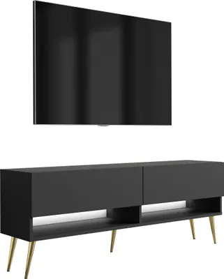 Produktbild von TV-Lowboard 140 cm Mattschwarz, goldene schräge Beine, weiße LED, 140 × 32 × 52 cm