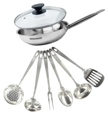 Image de Set poêle 28 cm en inox, couvercle verre et 6 ustensiles inox Fackelmann Eterna