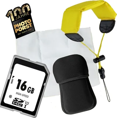 Produktbild von 1A Photo PORST Sparset für Ricoh WG-50, WG-60, WG-70 : Neopren Kameratasche schwarz + Gurt mit Auftriebselement + 16GB SD Karte + Mikrofasertuch 50 g