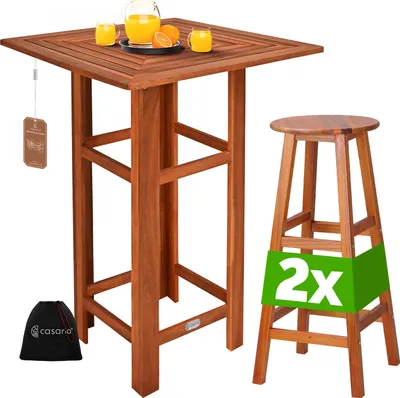 Image de CASARIA® Table haute avec 2 tabourets ensemble de bar en bois d’acacia mange debout intérieur extérieur jardin terrasse