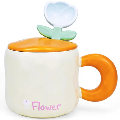 Image de Ensemble de tasses à café avec soucoupes, 450 ml, en céramique beige, motif tulipe, idéal pour le thé et le café