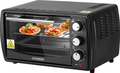 A black mini oven with pizzas inside, viewed from the front.