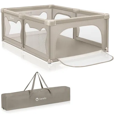 A beige playpen and its carrying bag are shown against a white background.