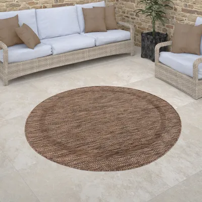 Image de Tapis d'extérieur rond Tissage plat aspect sisal avec bordure Résistant aux UV Robuste Taille 80 cm Rond