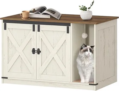 Produktbild von Katzenschrank, 100 x 50 x 63 cm, Katzenklo Schrank, Braun-Weiß | Katzentoilette, Versteckte Katzentoilette Kabinett Möbel mit Katzenglocke, für Flur, Schlafzimmer, CB85214X