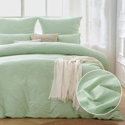 Productafbeelding van Ibenzoa® Beddengoedset (2-delig) – 155x220 cm dekbedovertrek + 80x80 cm kussensloop, lichtgroen gestreept, 100% gewassen katoen, met rits en 4 hoekbanden, gecertificeerd