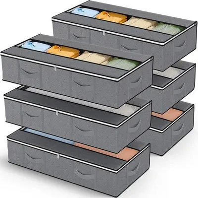 Produktbild von Famanu Aufbewahrungsbox 6 Stück mit Deckel - 90 l faltbare Unterbettlagerung - Aufbewahrungstasche für Bettdecken - grau