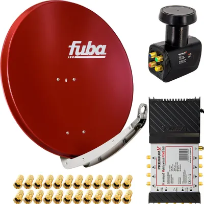 A collection of satellite dish components, including a red satellite dish, an LNB, a multiswitch, and numerous F-connectors, arranged on a white background.