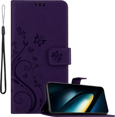 Produktbild von Cadorabo Hülle für Xiaomi Poco F6 Pro Hülle in FLORAL DUNKEL LILA Schutzhülle im Blumen Design mit Magnetverschluss, Standfunktion und Kartenfächern Book Case Cover