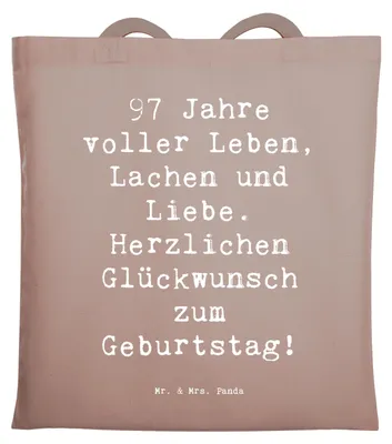 Produktbild von Mr. & Mrs. Panda Tote Bag Spruch 97. Geburtstag - Braun Pastell - Geschenk, Schultasche, 97, Geburtstagsgeschenk, Happy Birthday, Tasche, Laptoptasche, Lachen, Jubilar