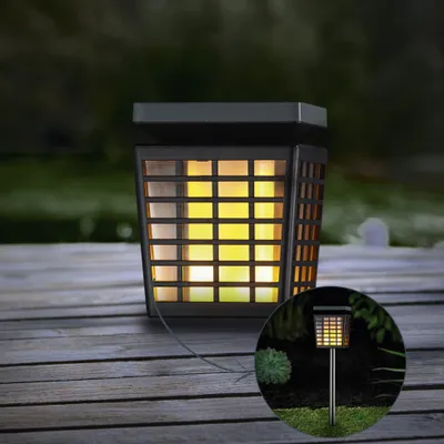 Produktbild von MeLiTec Solar-Gartenleuchte SO46, Flammeneffekt, LED-Solar-Gartenlampe im Käfig-Design, bis zu 8 Stunden Leuchtdauer, Erdspieß & Akku, 8h Leuchtdauer