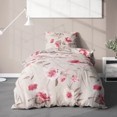 Produktbild von Biber Bettwäsche Rosen 155x220cm Creme Rosa, 100% Baumwolle, Reißverschluss, Blumenmotiv, Ganzjährig & Winter, inkl. Kissenbezug 80x80cm