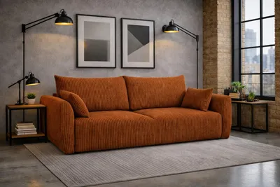 Zdjęcie produktu dla Sofa z funkcją spania i pojemnikiem, tkanina sztruksowa Poso, Miedziany, Zephira