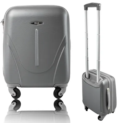 Two views of a gray RGL brand cabin suitcase on a white background.