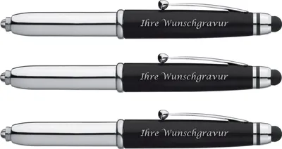 Produktbild von 3x LED Touchpen Kugelschreiber mit Gravur / Farbe: silber-schwarz