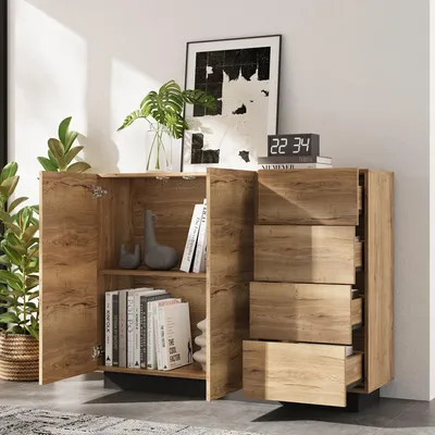 Produktbild von okwish Kommode Wohnzimmerschrank mit Schubladen,Sideboard mit Stauraum,Aufbewahrungsschrank Doppeltür-Design,Natur