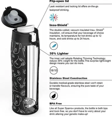 Obrázek produktu pro Ultralehký termohrnček z nerezové oceli 18/10 – 500 ml – bez BPA, s ochranou proti rozlití – ideální pro sport, děti, cestování, školu, kancelář, domácnost