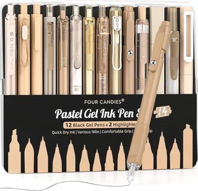 Produktbild von Gel-Tintenstift-Set 14-teilig mit Etui, 0,5 mm, einziehbar, 12 schwarze Stifte, 2 Highlighter