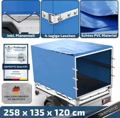Produktbild von Tarpofix® Hochplane 258x135x120 cm - Anhängerplane für Stema ALU 1300 & Pongratz LPA EPA 250 I PKW Anhänger Abdeckplane