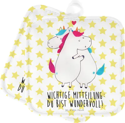 Produktbild von Mr. & Mrs. Panda Topflappen Einhorn Mitteilung - Weiß - Geschenk, Set, topfhalter, Liebe, Valentinstag, Topfuntersetzer, Doppel, Spruch, Unicorn, Einhörner, Kochlappen