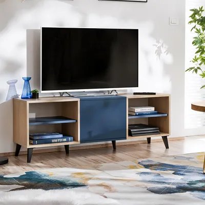 Produktbild von komodee Fondi TV Schrank Lowboard, Blau, Helles Holz mit Tür und 2 Regalen, 136x35x49 cm, für Wohnzimmer, Esszimmer und Schlafzimmer