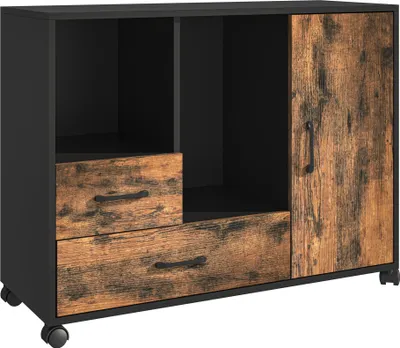 Image de Meuble à roulettes Relaxdays, 2 tiroirs, 4 compartiments, L x P x H : 70 x 90 x 35 cm, meuble à roulettes avec porte, étagère de bureau de style industriel, marron/noir