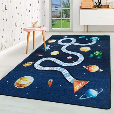 Obrázek produktu pro Homebyhome Dětský koberec s vesmírným motivem – koberec pro chlapce i dívky, hrací koberec do dětského pokoje, odolný, rozměry: 80 x 120 cm