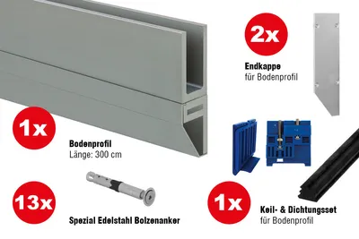 Produktbild von Ganzglasgeländer Komplettset - Ausführung: für vorgesetzte Montage, für Glasstärke: 16,76-17,52 mm, Länge: 3 m